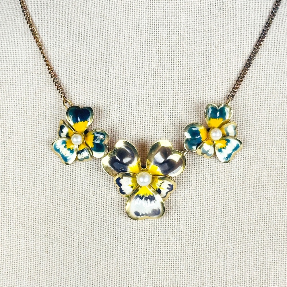 Vintage 50s Carl Art 12K Gold Filled Floral Enamel Necklace Mid Century Elegance